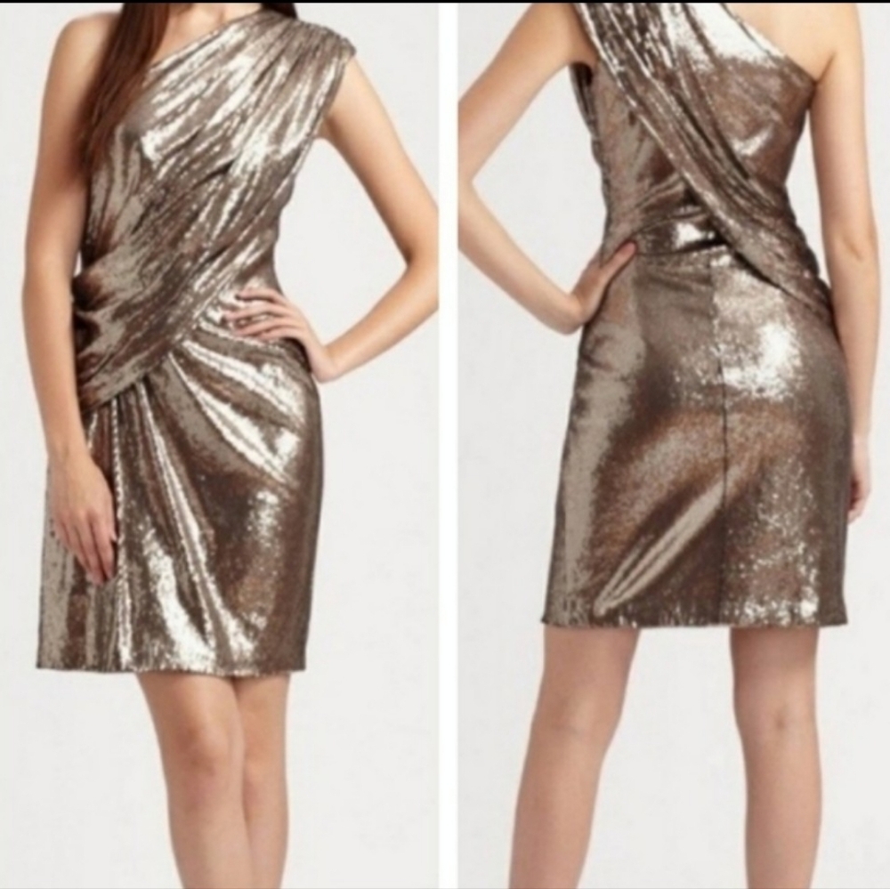 Tadashi Shoji Timeless Gold Metallic One Shoulder Dress Designer Red Carpet